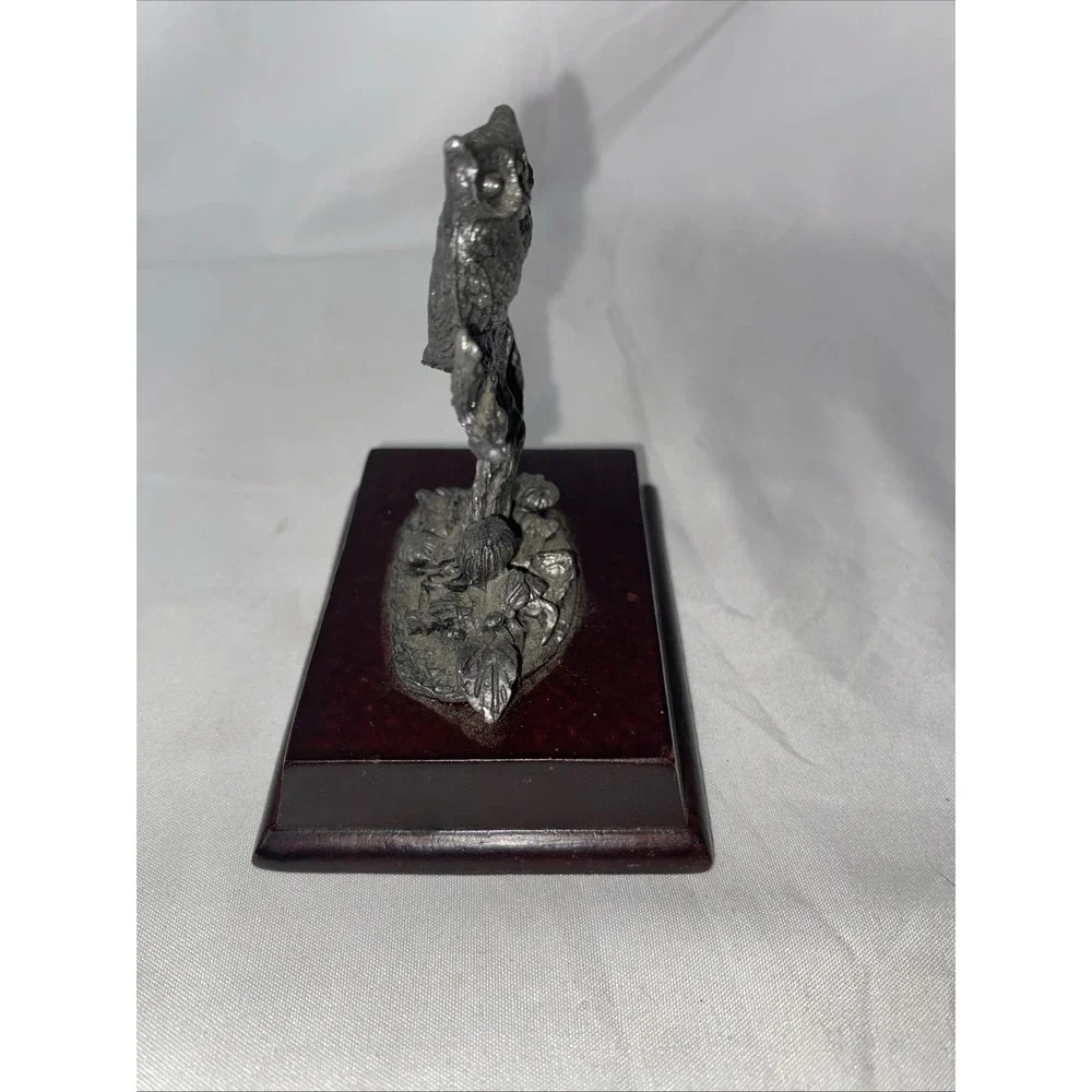 Pewter‎ Owls On Branch with Mushrooms Figurine Wood Base Vintage